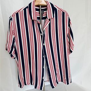 H&M Men's Casual Shirt - Navy, Red, and White Stripes
